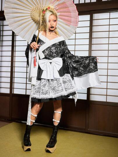 J-Fashion Damen Mode Kimono Stil Kontrast Spitze Patchwork Langarm Bluse