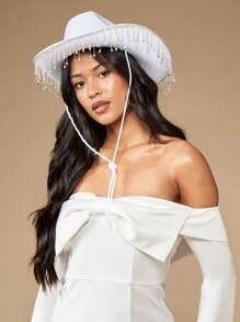 MISSGUIDED Elegant Fedora Hat Western Style With Crystal Beaded Fringe Trim Adjustable Chin Strap Winter Fall Spring Cowgirl Rancher Wide Brim Headwear