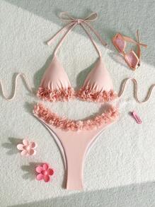 SHEIN Swim 2pcs Simple & Elegant Pink 3D Floral Sexy Bikini Set For Women For Summer Beach Vacation