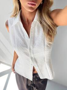 Forever 21 Women's Solid Color Single-Breasted Casual Sleeveless Loose Top - White - View 6
