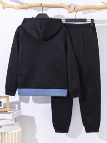 Set Tween Boy Black Patchwork Monogram Hoodie Hoodie Black Jogger Pants Affordable Two-Piece Kids Fall Clothes Boys Fall Clothes Kids Costume Can Be Paired With Black Shirt Halloween Shirt Boys Halloween Fall Shirts Fall Blouses Cute Sweater Suitable For Commuting To School Daily Leisure College Travel Suitable For Sports Suitable For Fall And Winter Season,Fleece,Thickened - Black - View 2