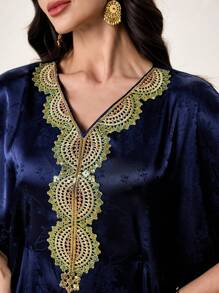 Al Najma Elegant Jacquard V-Neck Turkish & Arabic Long Robe Dress, Spring/Summer, Modest Kaftan - Navy Blue - View 3