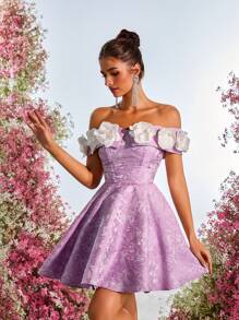 Lovelzi Elegant Purple & White Color Block Textured Off Shoulder A-Line Princess Dress With Adjustable Tie Back, Wedding Guest Dress, Suitable For Date, Birthday Party, Wedding, Prom - Mauve Purple - View 7