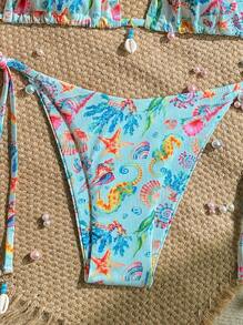 Swim Mod 2pcs/Set Beach Summer Outfits For Women, Random Print Ribbed Texture Shell Decor Halter Top And Side Tie Swimwear Bohemian Bikini Set - Multicolor - View 5