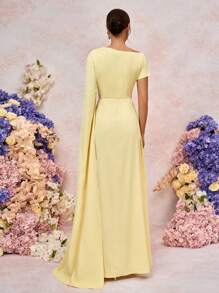 SHEIN Belle Elegant And Romantic Light Yellow Woven Material, Sloping Shoulders, Asymmetrical Sleeves, Floating Panels, Pleated Micro Fishtail Hem, Suitable For Dates, Vacations, Weddings, Events, Back-To-School Season, Graduation Season, Formal Bridesmaid Dress - Yellow - View 3