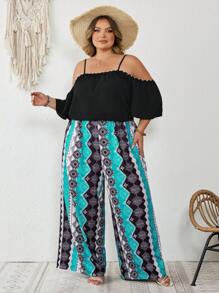 SHEIN CURVE+ Plus Size Women Summer Open Shoulder Short Sleeve Blouse And Floral Print Wide Leg Pants 2 Pieces Set Boho Vacation