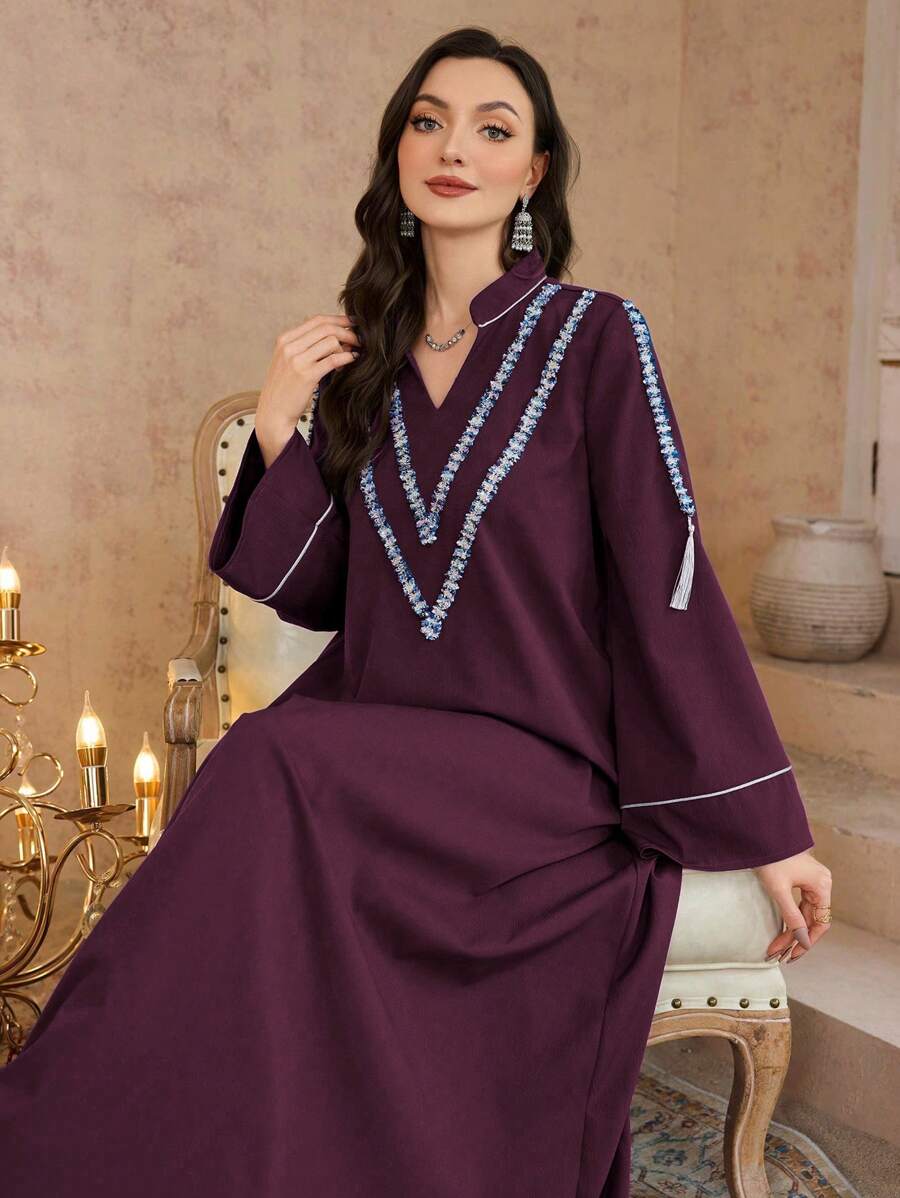 Al Najma V-Neck Embroidered Long Sleeve Arabian Dress,Modest - Purple - View 1