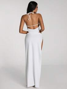 SHEIN BAE Conjunto de traje de baño de 2 piezas para mujer con escote bajo sexy, halter, conjunto con falda transparente de cobertura para vacaciones. Trajes de baño, trajes de verano, ropa de playa, conjuntos de vacaciones para mujer.