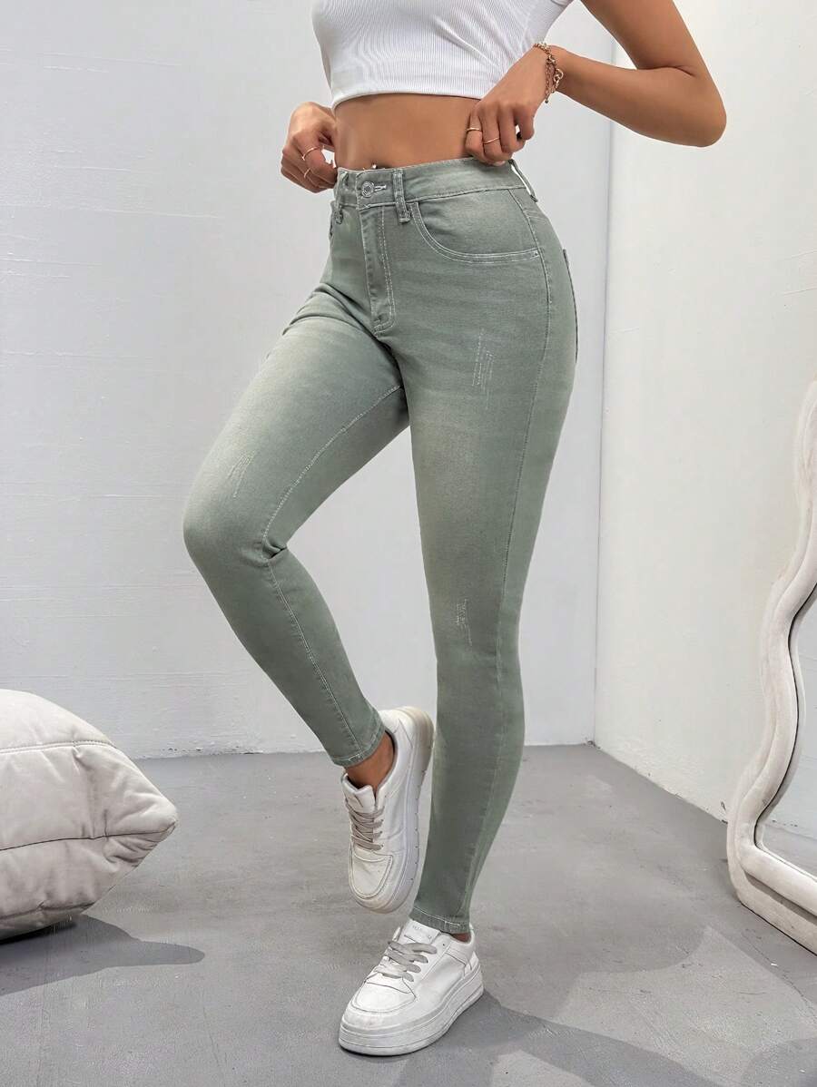 SHEIN Essnce Pantalon en jean simple et décontracté de couleur unie, convenant pour un port quotidien