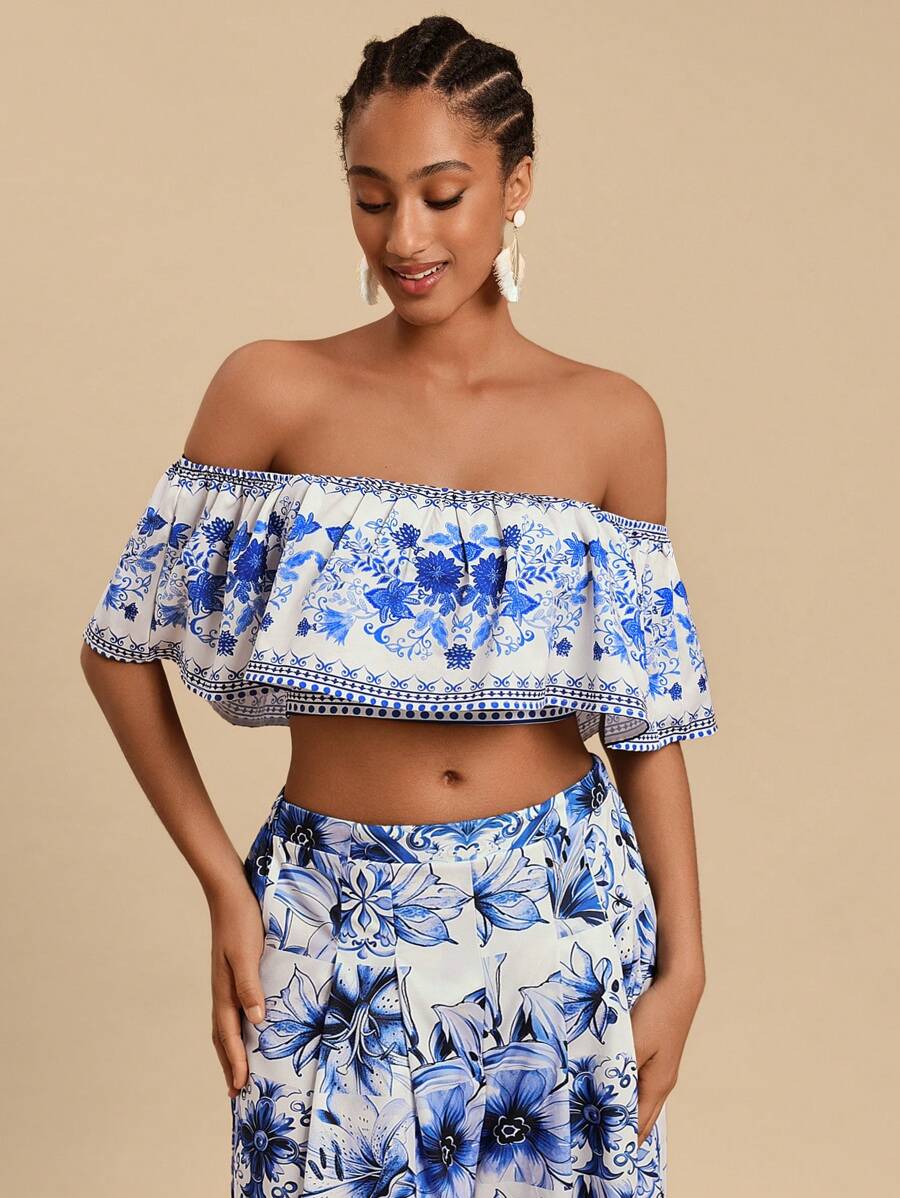 Travachic 女式梭织印花露肩荷叶边下摆短款上衣