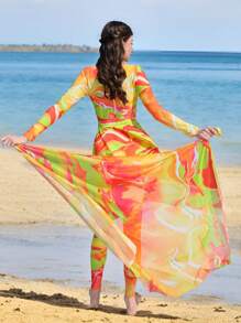 Swim Shayni 夏季海滩 2 件套扎染连体泳衣，配有沙滩短裤和网眼裙，适合旅行和度假阿拉伯服装