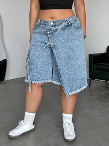 Dripcurv Plus Size Casual Light Blue Washed Asymmetrical Cargo Denim Shorts,Summer Spring Beach Brunch For Women,Spring Break Concert Rave Festival Country - Blue - View 5