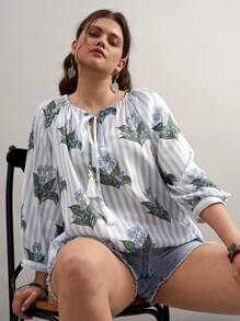 SHEIN LUNE Plus Size Women Floral Striped Tie Neckline Loose Blouse Floral Vacation Outfits Woman Country West Wear Women BOHO Easter Spring Outfits For Women Summer Outfits For Women Cute Summer Tops Easter Dress Easter Outfit Women Graphic