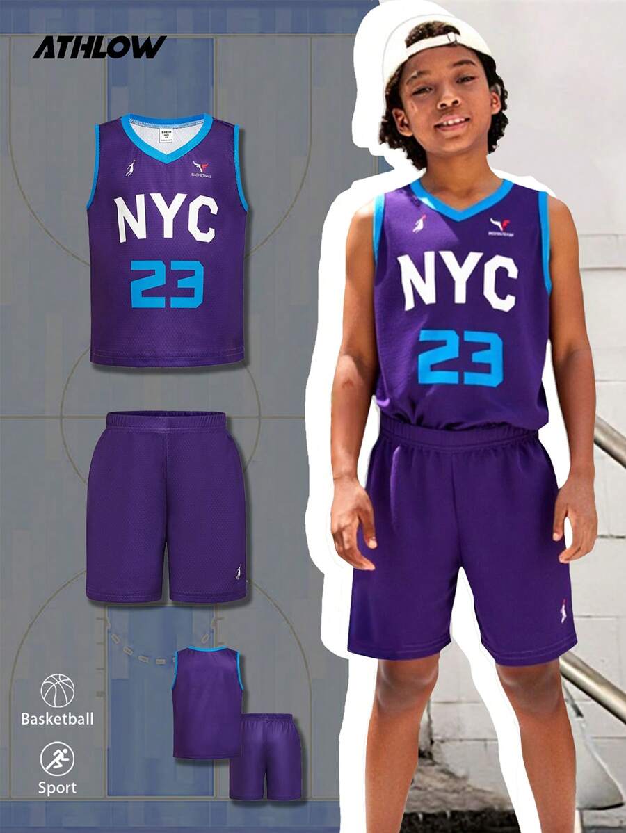 SHEIN Young Boys Casual Loose Fit Basketball Print Short Sleeve T-Shirt And Matching Comfortable Sports Shorts, Summer