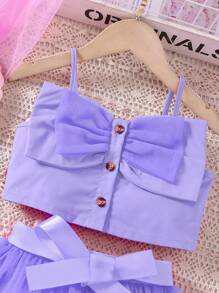 SHEIN 2pcs/Set Young Girls Bow Decor Suspender Mesh Skirt - Mauve Purple - View 5