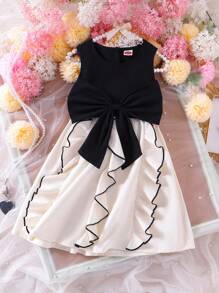 Young Girl Sleeveless Black & White Floral Lace Big Cinched Waist Casual Summer Princess Dress - Black - View 7