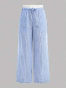Tween Girls 2pcs Set: Striped Loose Wide Leg Pants And Oversized Short Sleeve T-Shirt With Letter Print - White - View 6