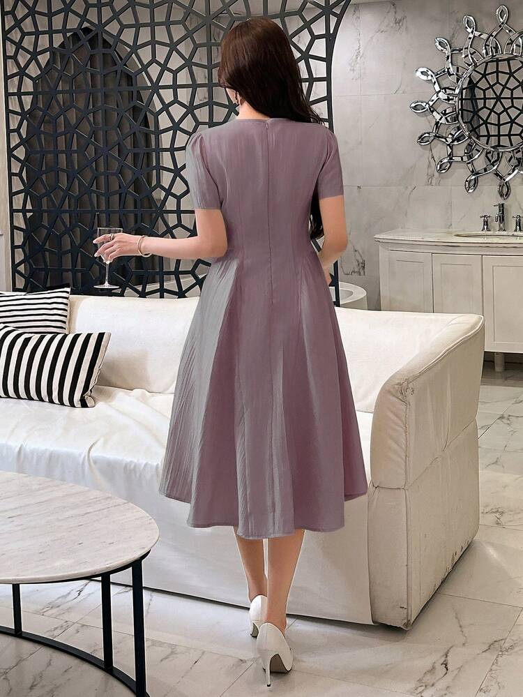 Solid Color Round Neck Puff Sleeve Mid-Calf Dress For Women, Suitable For Holidays, Dates, Evenings Sundress