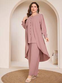 Graceveil 2 Pieces Set Elegant Crinkle Chiffon Round Neck Plus Size Fall Cloth For Women - Dusty Pink - View 5