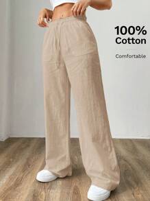 SHEIN EZwear 女士時尚夏季輕盈簡約卡其色編織寬腿褲 - 卡其色 - 查看 5