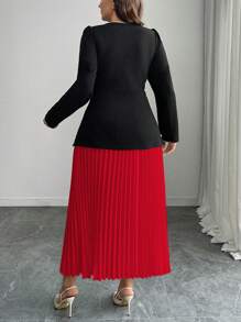 Elenzga 2pcs Plus Size Solid Color Long Sleeve Jacket And Skirt Set