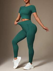 Gameset SHEIN Sport Bộ đồ thể thao tập luyện cho nữ, áo thun cổ tròn tay ngắn trơn và quần legging liền mạch co giãn cao - Màu xanh lá cây đậm - Xem 4