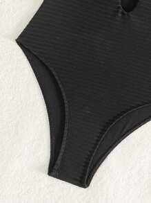 SHEIN Swim 1 pieza Traje de baño de una sola pieza para mujer con textura de punto para vacaciones de verano - Negro - Ver 5