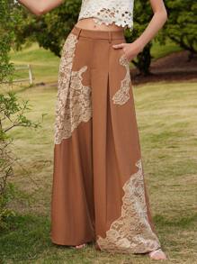 Anewsta High Waist Flowy Wide Leg Lace Applique And Rhinestone Detail Women's Pants, Suitable For Spring And Summer - Khaki - View 5