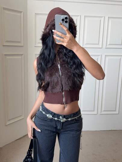 SHEIN EZwear 女式纯色毛绒拉链无袖连帽轻便夹克，秋冬款