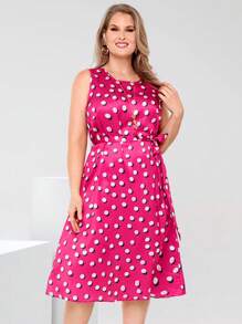 EMERY ROSE Magenta,Summer,Elegant,Wedding Guest Plus Size Sleeveless Crew Neck Polka Dot Print Dress,Women's Boho Western Holiday Outfits,Business Casual Clothes - Hot Pink - View 3
