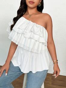 Calvaya Plus Size Women's Elegant Fitted Ruffled Asymmetric Camisole