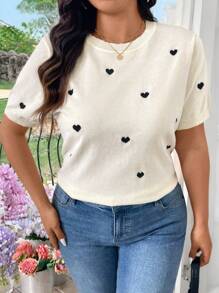 SHEIN Frenchy 秋季大码休闲心形图案短袖针织毛衣