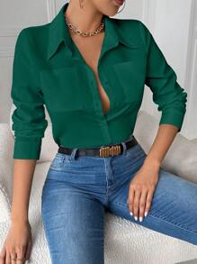 INAWLY Casual Collar Pocket Fitted White Long Sleeve Women Blouse Women Shirt Fall Cloth For Women - Dark Green - View 3