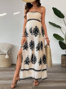 SHEIN 孕妇复古印花露肩开叉连体裤，休闲度假装 - 杏色 - 查看 1