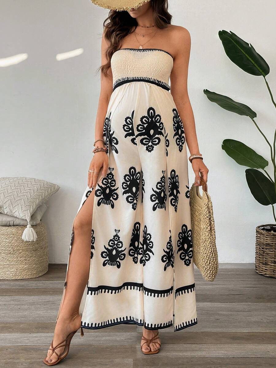 SHEIN 孕妇复古印花露肩开叉连体裤，休闲度假装 - 杏色 - 查看 1