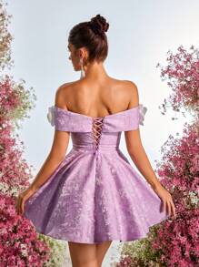 Lovelzi Elegant Purple & White Color Block Textured Off Shoulder A-Line Princess Dress With Adjustable Tie Back, Wedding Guest Dress, Suitable For Date, Birthday Party, Wedding, Prom - Mauve Purple - View 3