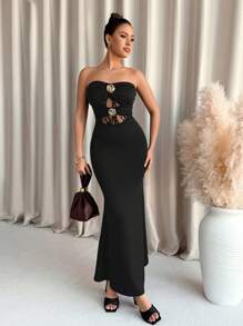 SHEIN Clasi Robe maxi sirène élégante avec patchwork en dentelle ajourée et boucle métallique décorative