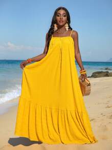 Slaydiva Loose Yellow Dress With Flared, Summer - Yellow - View 3