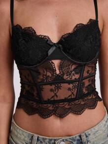 SHEIN BAE Women's Black Lace Corset Crop Top, Spring Vacation Beach Wear - Black - View 6