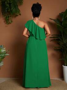 Maweii Plus Size Women Ruffle Hem Asymmetrical Shoulder Casual Loose A-Line Dress - Green - View 2