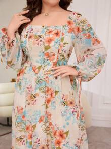Modelyn Robe chiffon à fleurs marguerite avec encolure carrée, manches longues évasées et taille marquée pour femmes grande taille