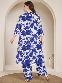 Graceveil 花卉印花休闲宽松长袖衬衫和松紧腰阔腿裤套装，女式加大码，春夏季，端庄