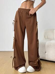 SHEIN EZwear 甜美可爱的粉色蝴蝶结抽绳运动裤，春夏 - 鏽棕色 - 查看 4