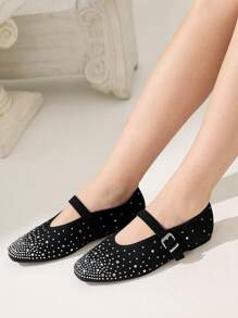 CUCCOO CHICEST Women Square Toe Flat Rhinestone Slip-On Brown Loafers, Minimalist Design For Comfortable All-Match Wear For Christmas Elegant Shoes - Black - View 6