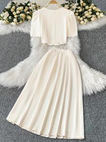 DreamSkyne Exquisite & Elegant Plus Size Women's Solid Color Puff Sleeve Shirt And Skirt Casual 2 Pieces Set - Apricot - View 2