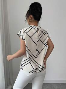 Elenzga Women's Casual Elegant Stand Collar Asymmetric Geometric Digital Print Short Sleeve Blouse, Spring/Summer