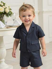 SHEIN Bộ 2 món/Bộ áo sơ mi tay ngắn ve trơn màu cho bé trai và quần short cạp chun - màu đen - Xem 8