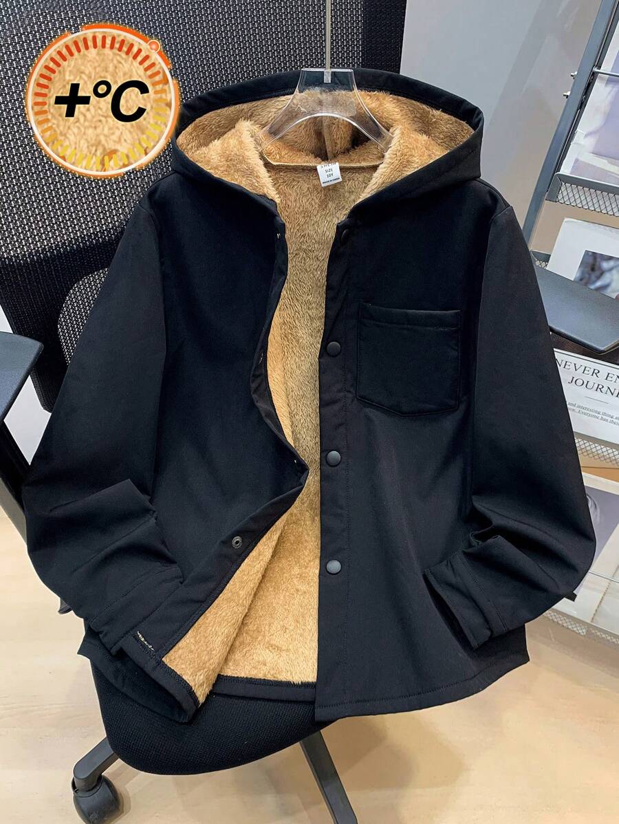 SHEIN Leap Crew 青少年男孩休闲韩版可爱胸前贴袋保暖衬里保暖编织夹克外套 - 黑色 - 查看 1