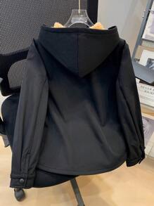 SHEIN Leap Crew 青少年男孩休闲韩版可爱胸前贴袋保暖衬里保暖编织夹克外套 - 黑色 - 查看 2