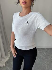 Chiquease Women Elegant Embroidery Round Neck Short Sleeve Knitted Top